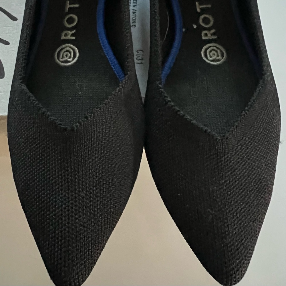 Rothy's Black Pointed Toe Flats with Blue Trim - Picture 4 of 7